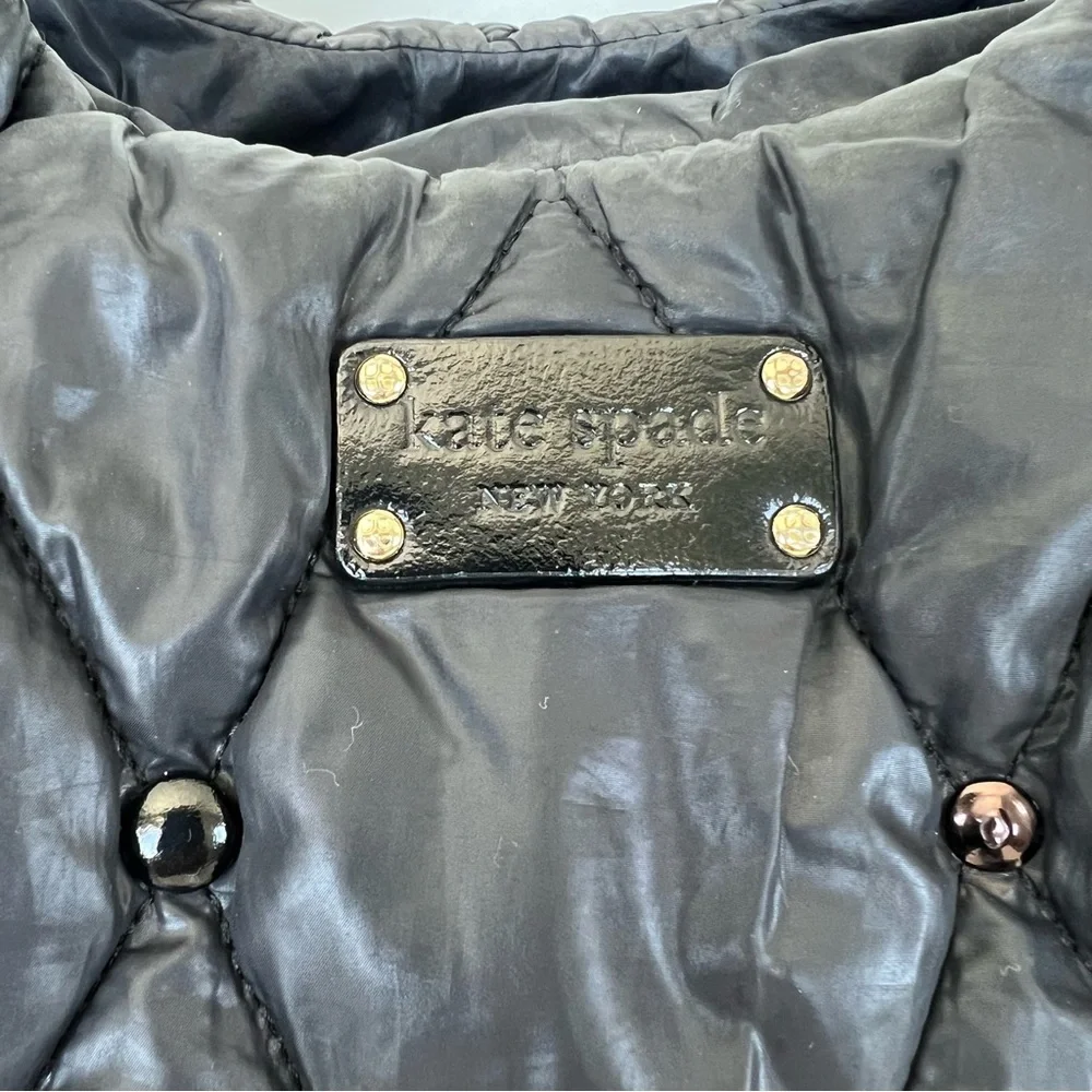 KATE SPADE Stevie Black Quilted Nylon Patent Leather Studded Shoulder Bag Tote